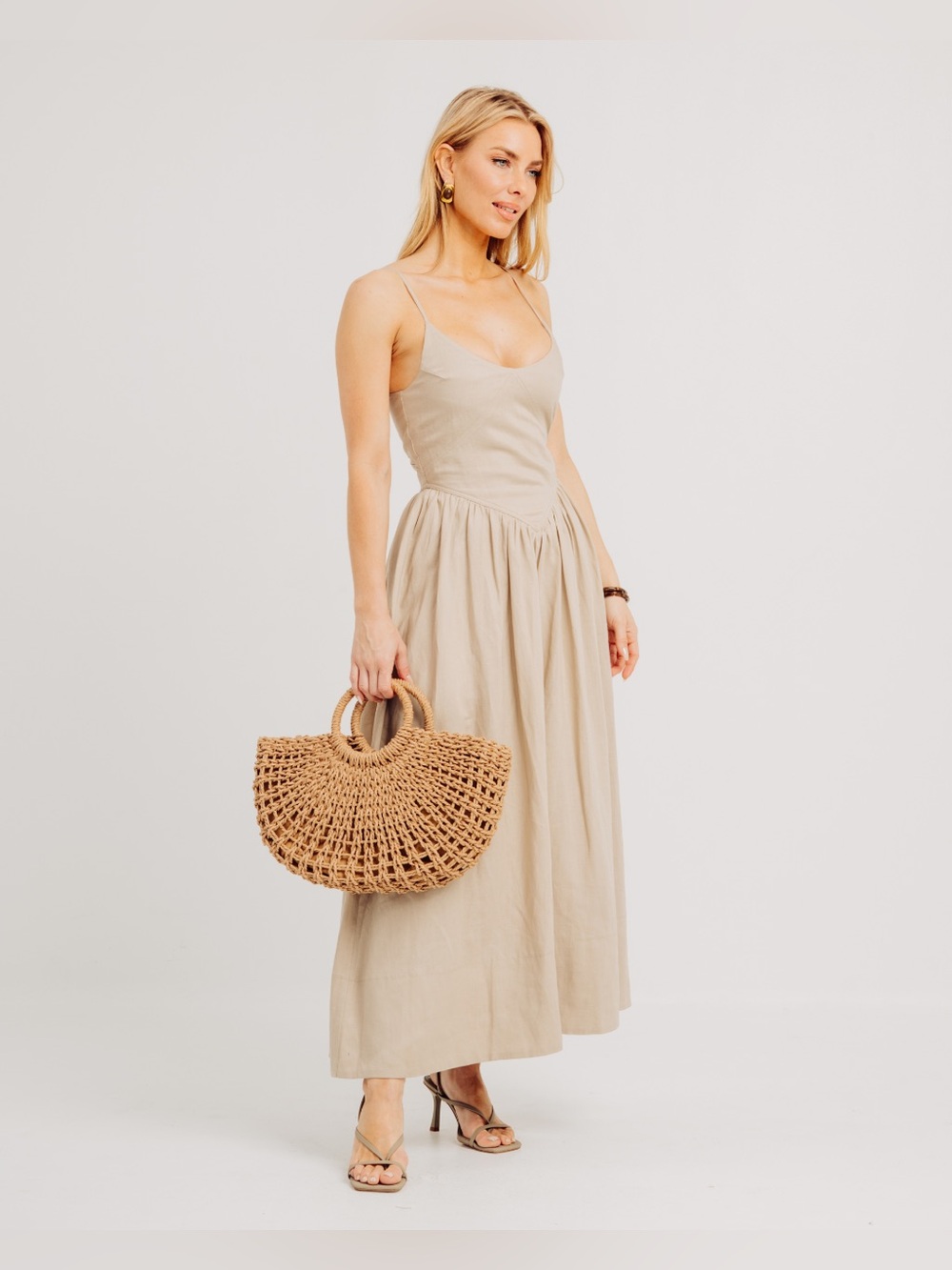 Torn by Ronny Kobo effortless neutral toned linen blend maxi dress size small